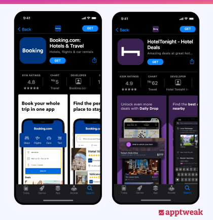 Comparing the app pages of two travel apps in Dark Mode with AppTweak's App Page Previewer